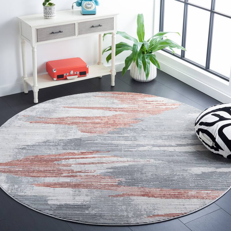 SAFAVIEH Invista Geralyn Modern Abstract Rug - 6'7" Round - Light Grey/Rust