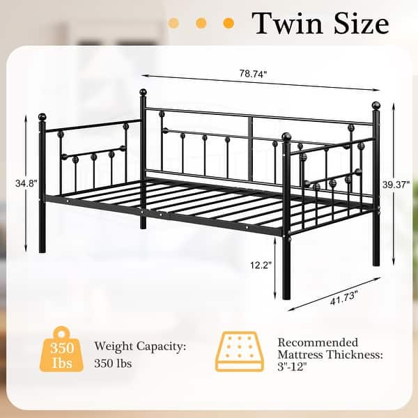 dimension image slide 4 of 5, VECELO Roman Column Daybed 79" Iron Frame Space Saving Daybed Set with Rolling Trundle for Guest Teen Room Black or White