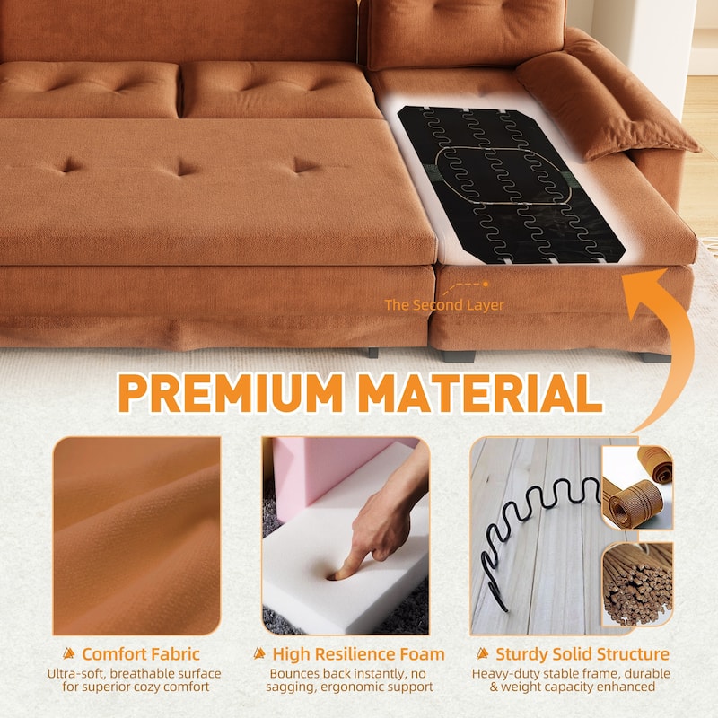 Homy Casa U Shaped Sleeper Sofa with Pull Out Bed USB Ports Convertible Sectional Couch with Chaise Lounge Beige Grey Orange