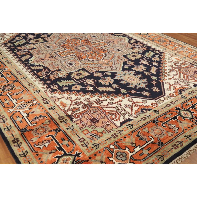 Dark Blue Heriz Serapi Indian Area Rug Hand-Knotted Wool Carpet - 8'11" x 11'11"