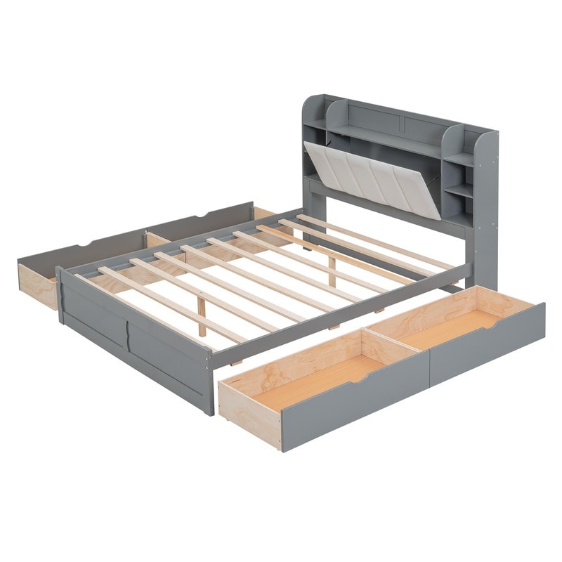 Queen bed frame with storage and outlet bookcase headboard