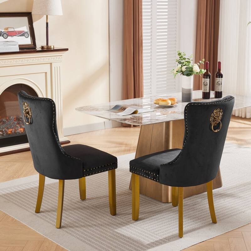 Velvet Dining Chairs Set of 2, Tufted Dining Chairs with Nailhead Trim, Kitchen Chairs with Lion Head Pulls Ring & Wooden Legs