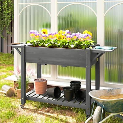 Outsunny Raised Garden Bed, Wood Elevated Planter Box with Lockable Wheels, Side Tables and Bottom Shelf, Outdoor Raised Planter