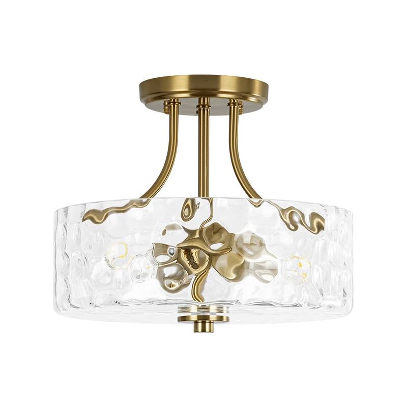 Nickel 2-Light Water Glass Round Semi Flush Ceiling Light - 11.8in