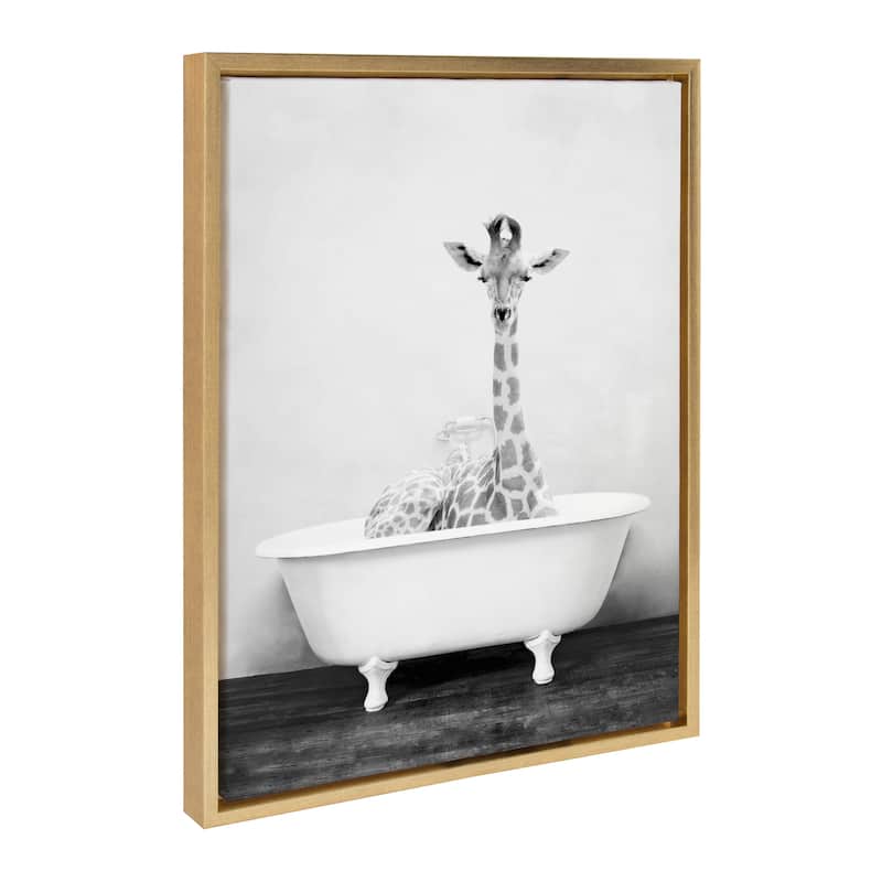 Kate and Laurel Sylvie Giraffe 2 in the Tub Framed Canvas by Amy Peterson - 18x24 - Plastic - Gold