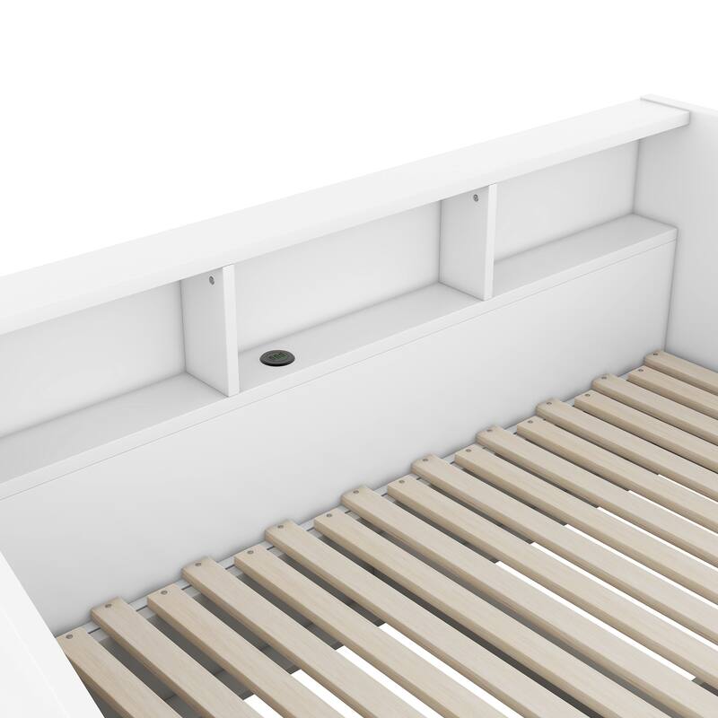 Twin to King Size Daybed with USB Ports, Wood Twin Storage Sofa Bed Frame with 2 Drawers and Bookcases, Pull Out to King Bed