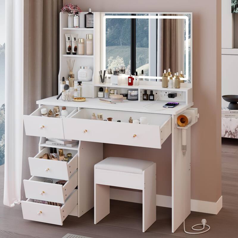 41" Large Size Left Drawer Desktop Vanity Table + Cushioned Stool Dresser Set, 2 AC+2 USB Power Station, Hair Dryer Stand