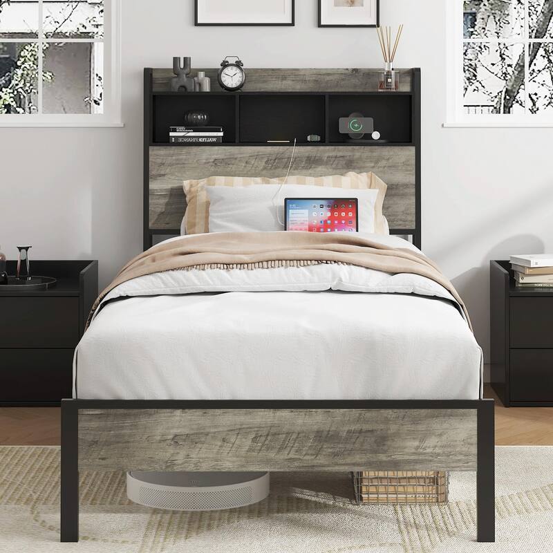 Platform Bed Frame with Storage & USB Ports, No Box Spring Needed - Twin