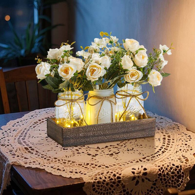 3 Pack Mason Jar Centerpiece with LED Lights & Wooden Tray, Farmhouse Floral Centerpieces for Dining Table, Coffee Table