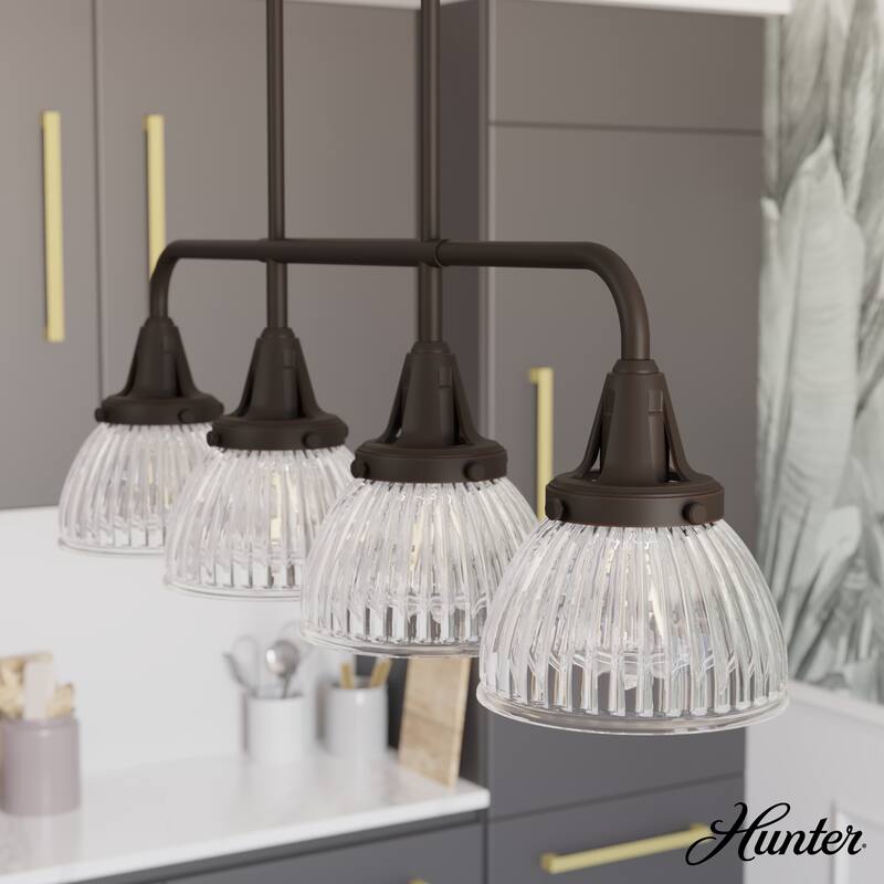 Hunter Cypress Grove 4-Light Linear Chandelier - Kitchen Island, Dining Room - Clear Fluted Glass - Transitional, Industrial - Onyx Bengal