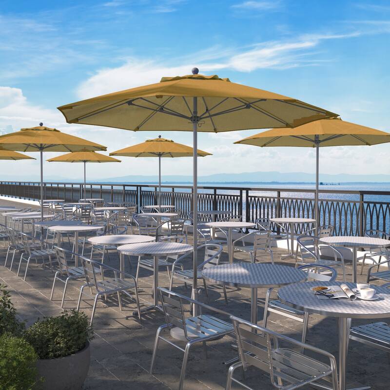 California Umbrella 9' Rd. Aluminum Frame, Fiberglass Rib Patio Umbrella, Push Open,Anodized Silver Finish, Sunbrella Fabric