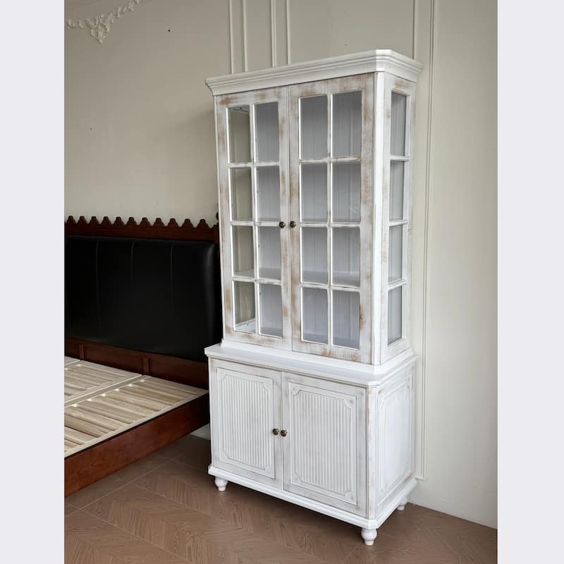77.5"Tall Vintage Display Cabinet with Double Glass Doors, Traditional Style China Cabinet Hutch Cabinet