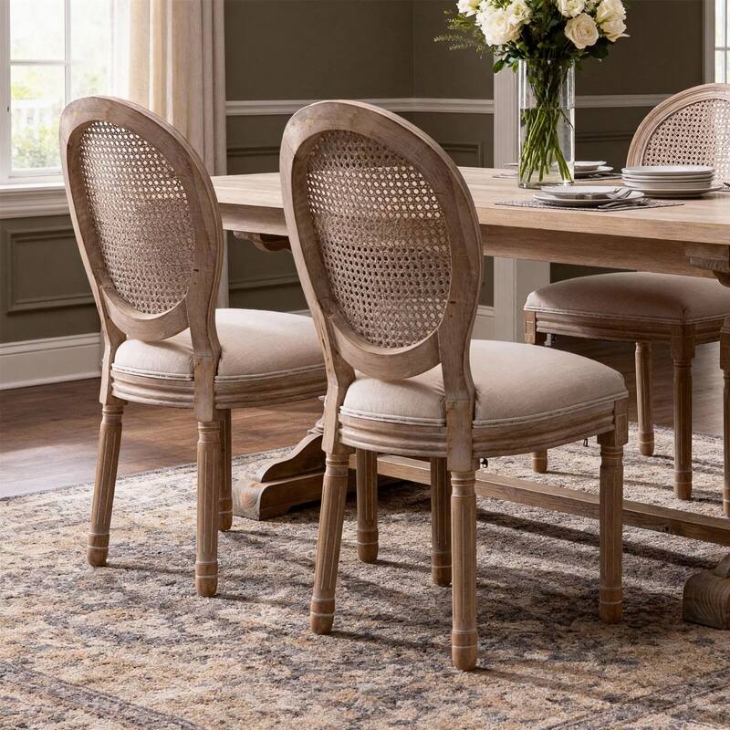 French Style Solid Wood Frame Linen Fabric Rattan Back Dining Chair (Set of 2)