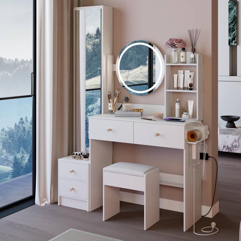 Full Body Mirror Cabinet + Round Mirror LED Vanity Table + Cushioned Stool, With 2 AC + 2 USB Power Station