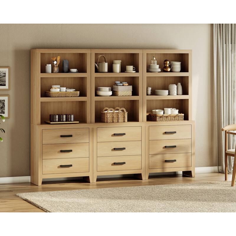 3-Tier Bookshelf with 3 Large Drawers, 74" Tall Farmhouse Bookcase with Wide Metal Handles, for Living Room, Office, Library