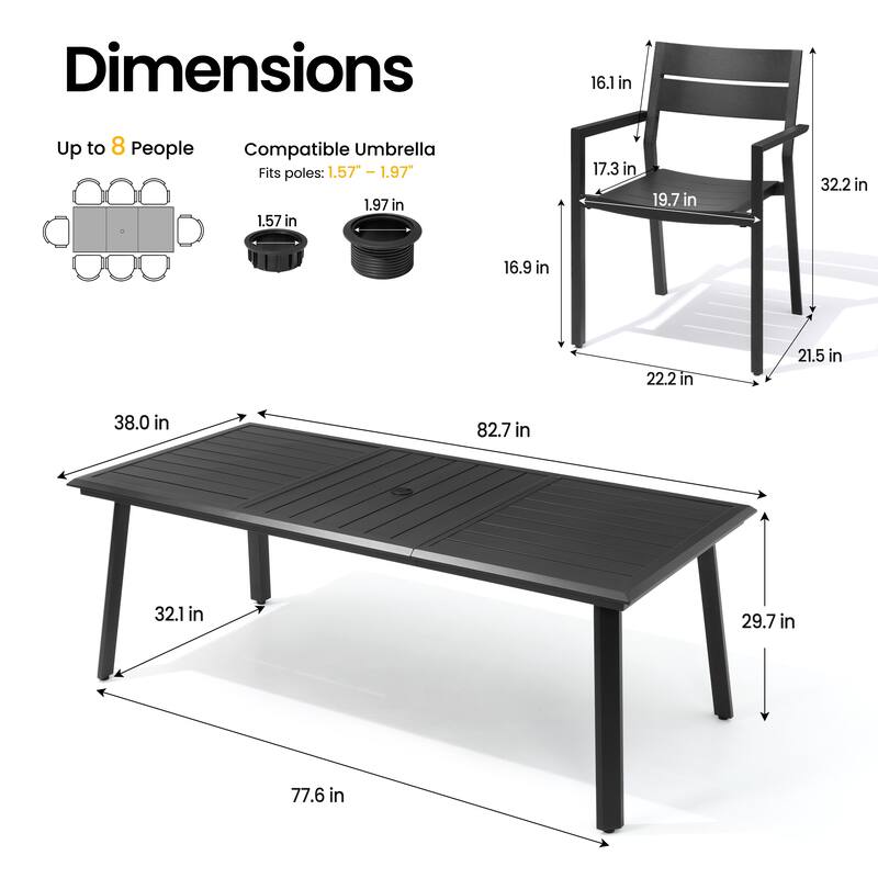 7/9/11/13-Piece Patio Dining Set Outdoor All-Weather Aluminum Dining Table with Umbrella Hole and Stackable Chairs