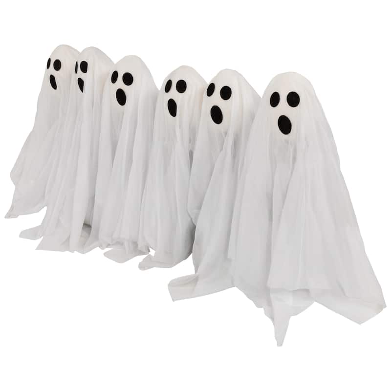 Set of 6 LED Lighted White Ghost Outdoor Halloween Lawn Stakes, 30"