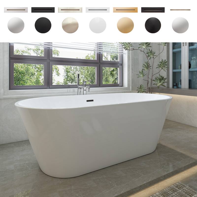 Vanity Art 59" Non-Slip Acrylic Freestanding Soaking Bathtub with Overflow & Pop-up Drain