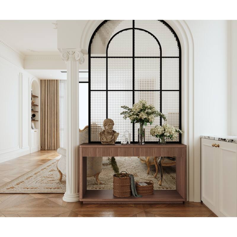 60" Modern 2-Drawer Fluted Natural Wood Veneer Console Table