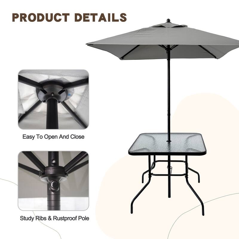 Dining Set for 4 People, Dining Table with Tempered Glass Top, Outdoor Table and Chairs with 4 Folding Chairs and Umbrella