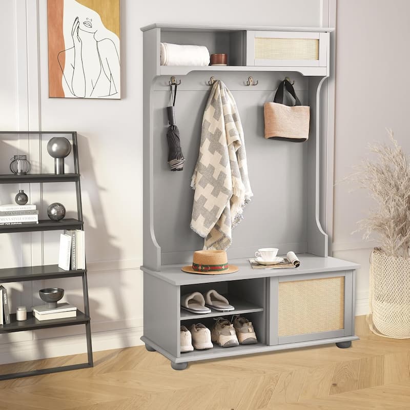 Roomfitters Casual Style Hall Tree Entryway Bench with Rattan Door Shelves, Shoe Cabinets, Solid Wood Feet
