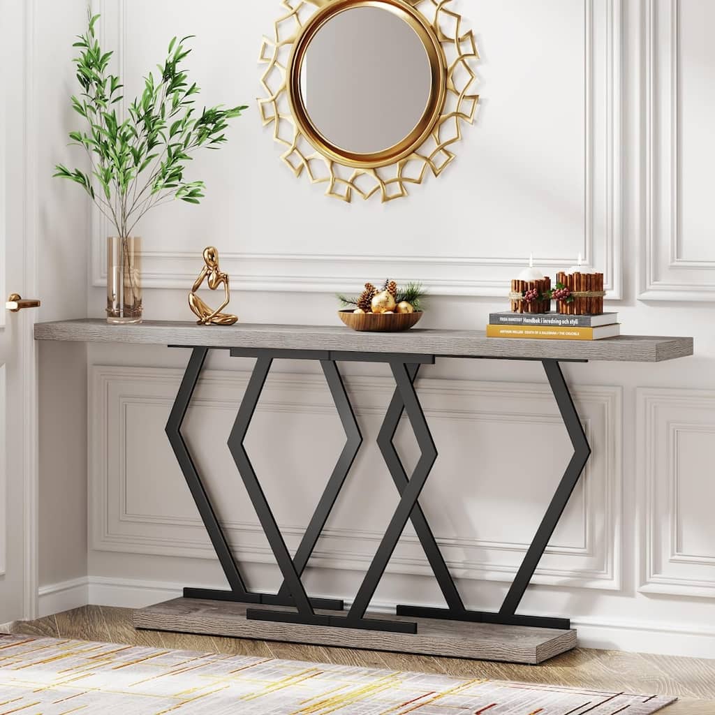 70.9 Inch Extra Long Sofa Table White and Gold Faux Marble Tabletop