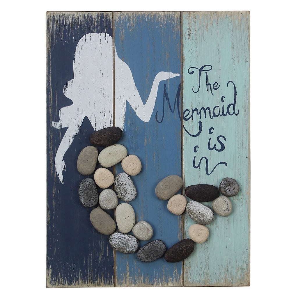 The Mermaid Is In Wood and Pebble Stones Wall Sign 9 Inches - Blue