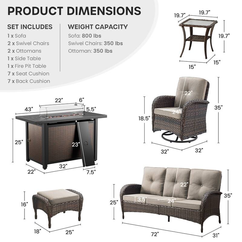 Gymojoy 7-Piece Outdoor Wicker Set with Fire Pit, 3-Seater Sofa, Swivel Chairs & Ottomans