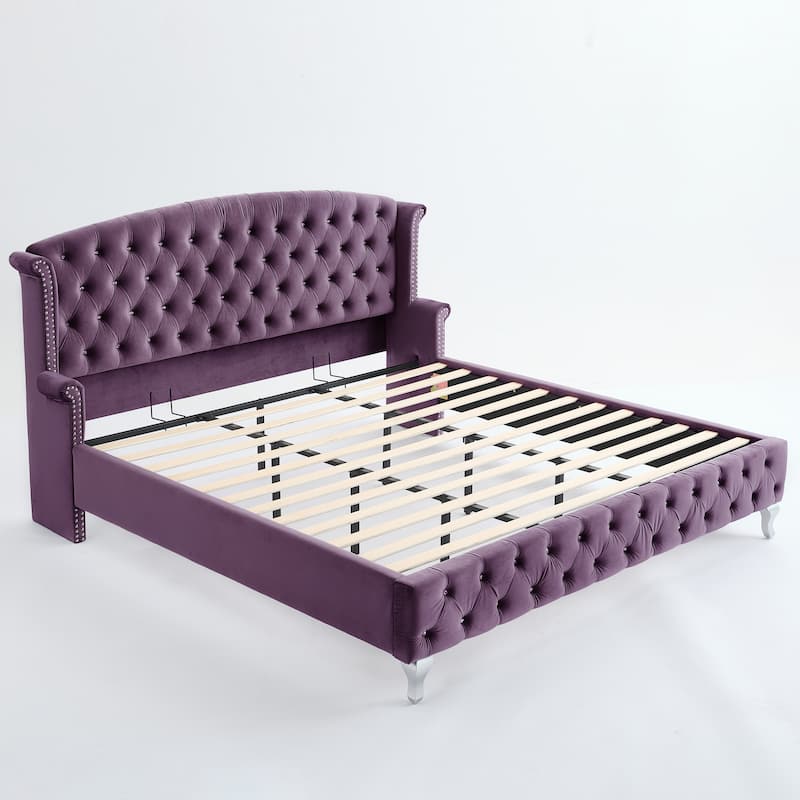 Christopher Knight Home - Larkswood Velvet Upholstered King Size Bed Frame with Wingback Headboard