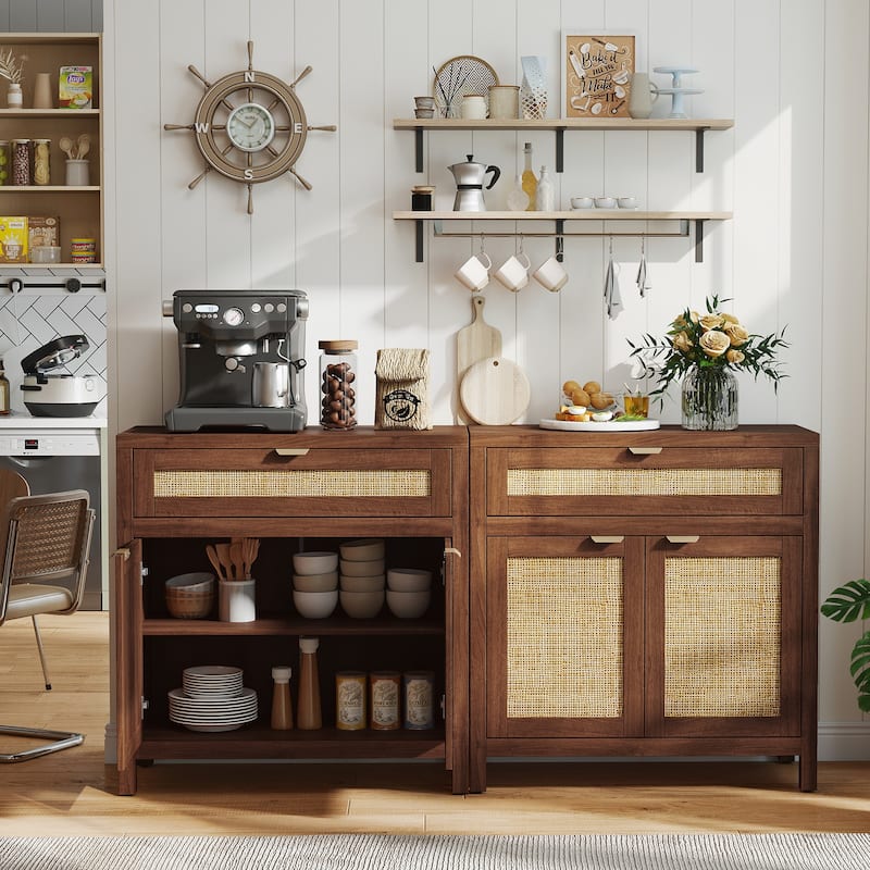 Brown-Natural Engineered Wood and Rattan Sideboard Cabinet with Drawer - 31" x 14.5" x 32"