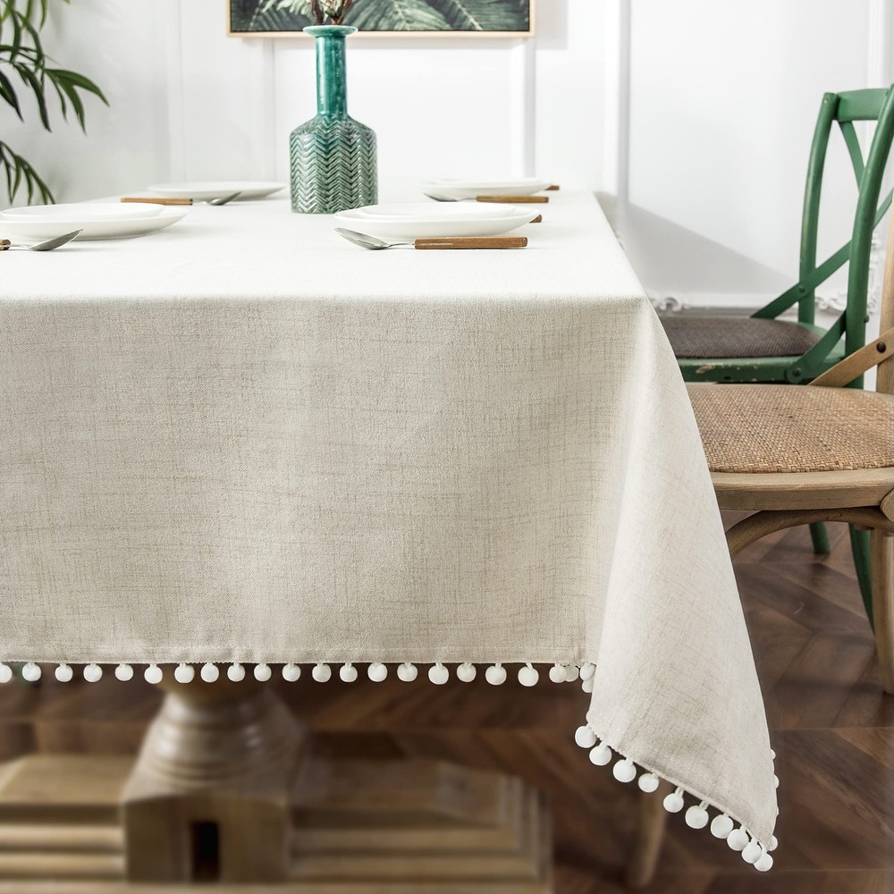 DriftAway Pom Pom Tassel Rectangle Linen Textured Decorative Table Cloth