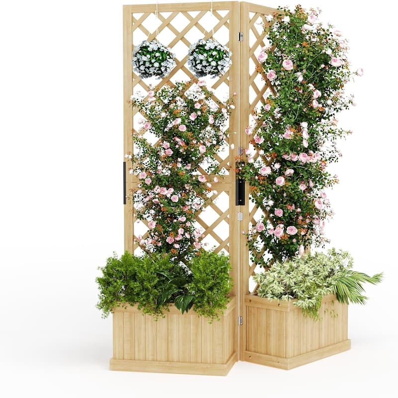 2-Panel Outdoor Privacy Screen with Planter Box and Trellis 41x10x65Inch Freestanding Garden Divider with Drain Holes - Two couplets
