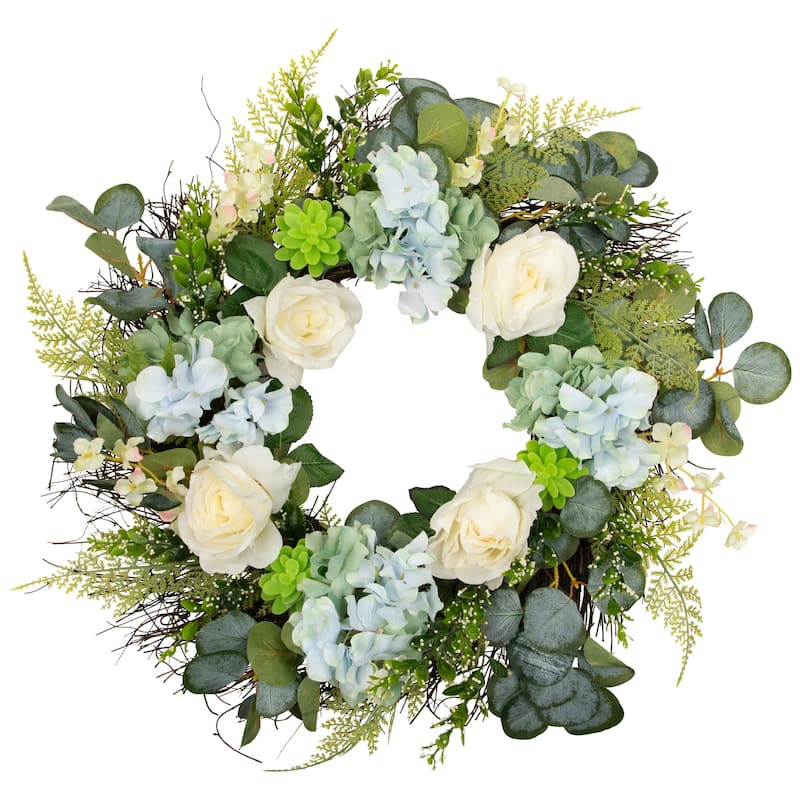 Hydrangea Rose Geranium Artificial Floral Spring Wreath White Blue 24"
