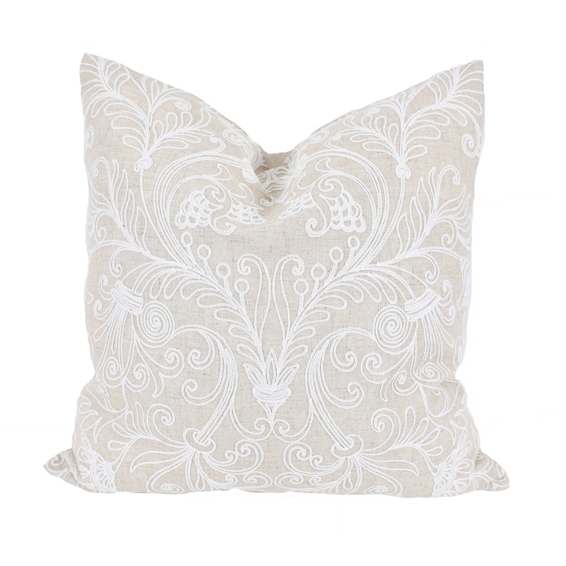 HomeRoots 20" X 20" Beige and White Damask Polyester Zippered Pillow With Embroidery