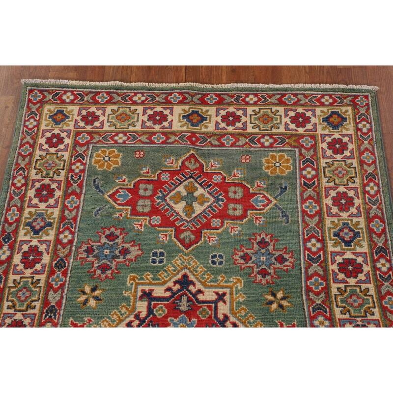 Green Geometric Kazak Accent Rug Handmade Oriental Wool Carpet - 3'4"x 4'10"