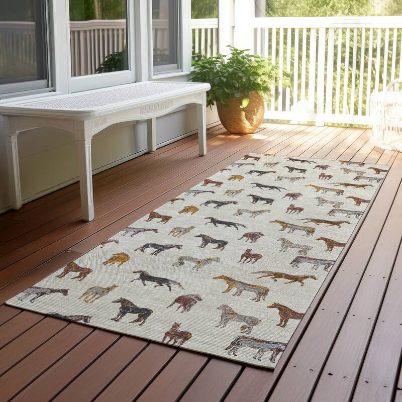 Machine Washable Indoor/ Outdoor Horses Chantille Rug - Beige - 2'3" x 7'6"