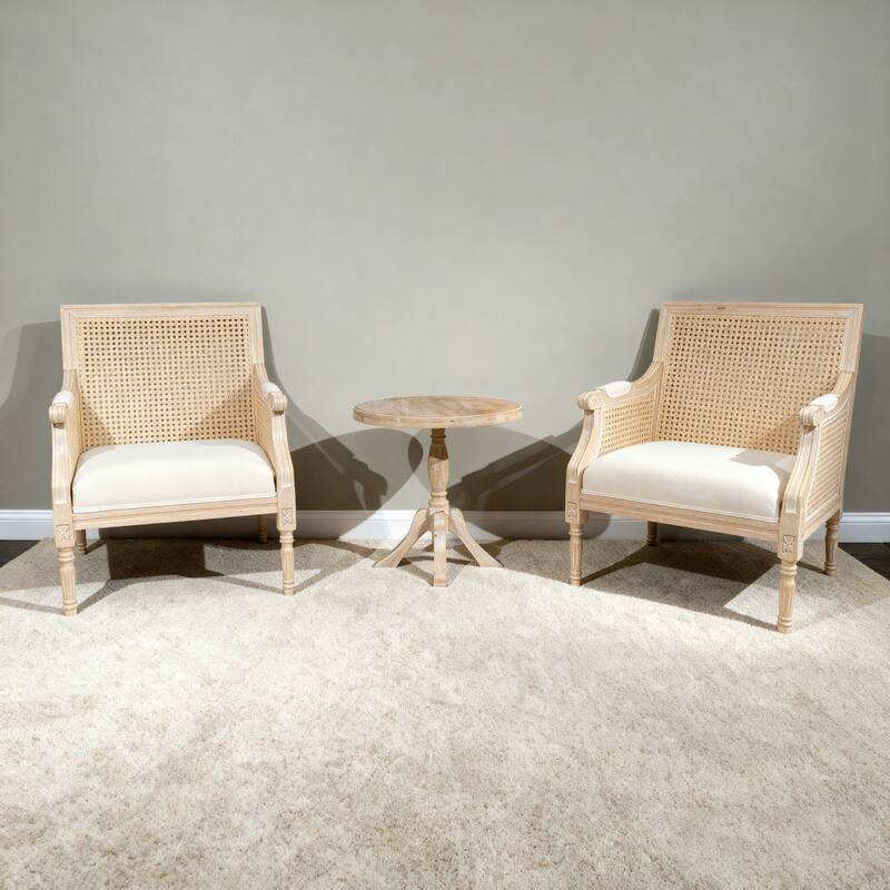 GDFStudio - Classic French Traditional Cotton Linen Upholstered Accent Armchair with Rattan Backrest & Contoured Armrests