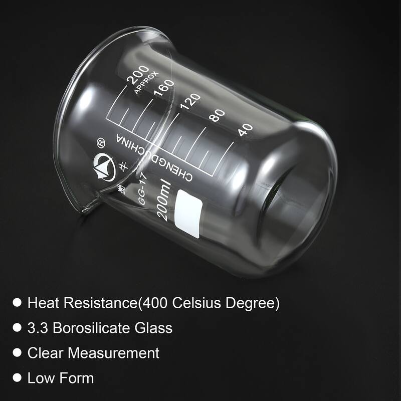 2pcs 200ml Low Form Glass Beaker 3.3 Borosilicate Lab Measuring Cups - Clear
