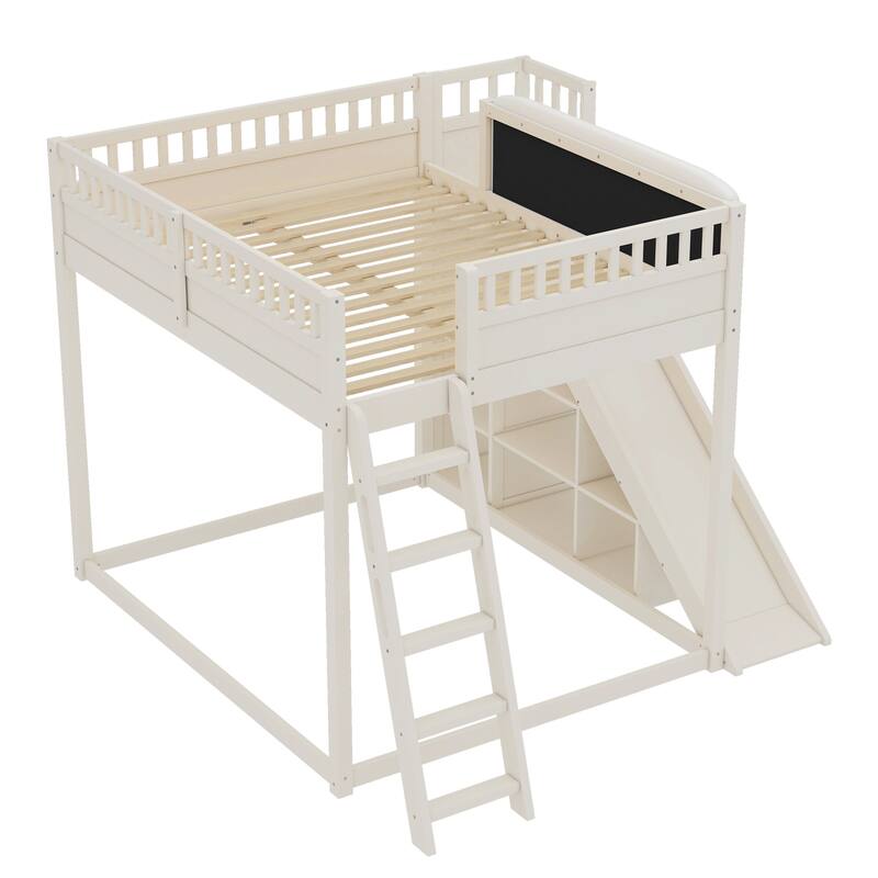 Queen/Full Loft Bed with Upholstered Headboard, Storage & Slide