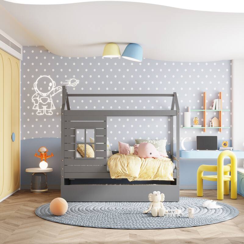 Twin Size Wood Kids Bed with Twin Size Trundle