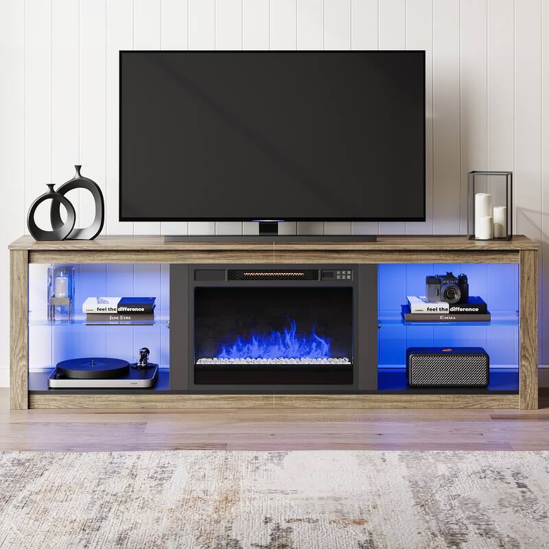 TV Stand for TVs up to 75" with Fireplace, LED Entertainment Center - Grey Wash