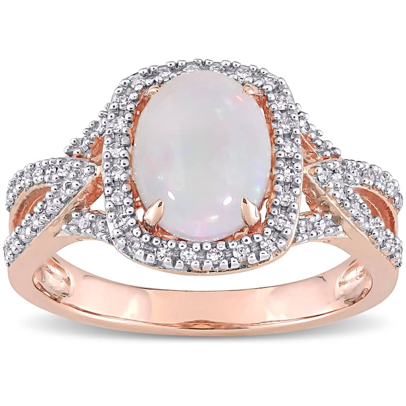 Miadora 10k Rose Gold Oval-cut Opal and 1/6ct TDW Diamond Halo Split Shank Engagement Ring