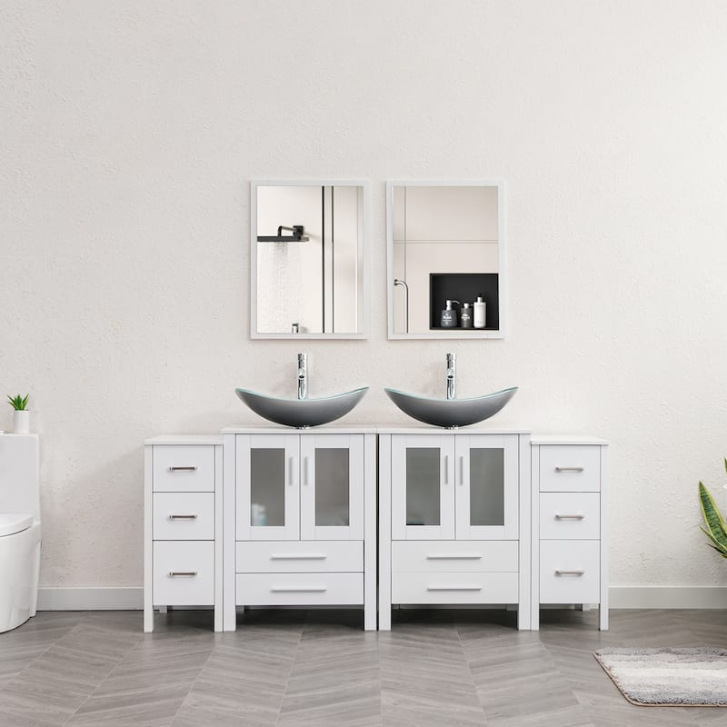72" Bathroom Vanity Set Glass Ceramic Vessel Sink Side Cabinet Combo