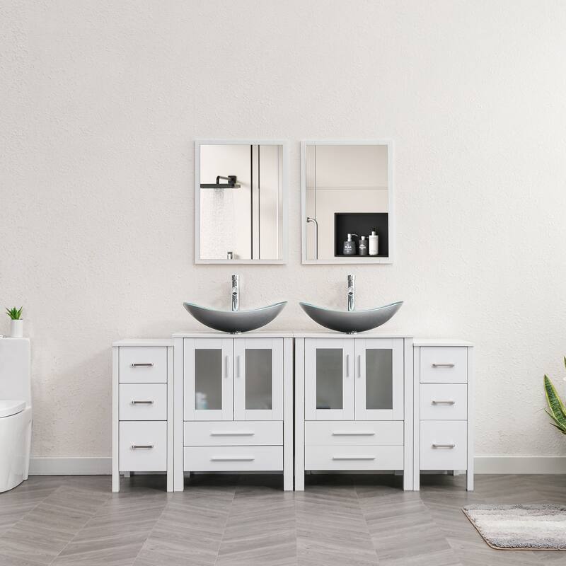 72" Bathroom Vanity Set Vessel Sink Cabinet Mirror Combo - White - Glass silver boat sink