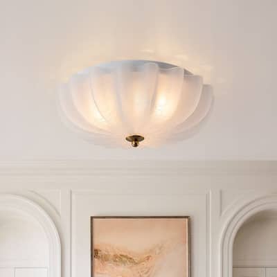 French Textured Frosted White Glass Scalloped Round Ceiling Light