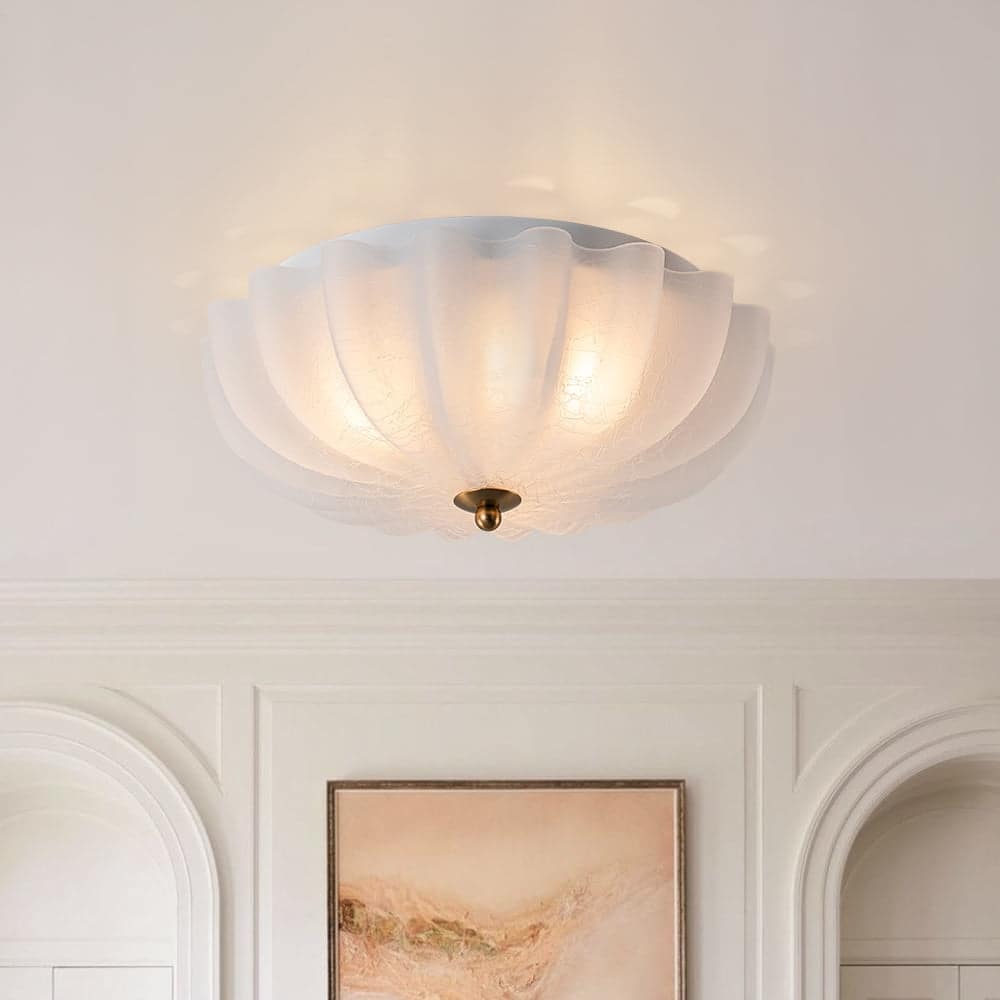 French Textured Frosted White Glass Scalloped Round Ceiling Light