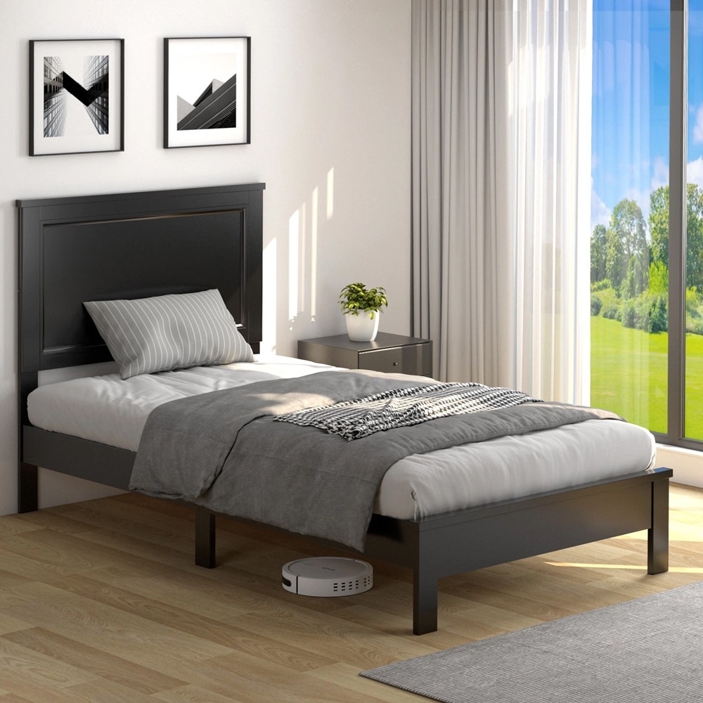 Twin Bed Frame Platform Slat High Headboard Bedroom Rubber Wood Black