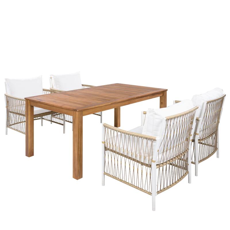 Roomfitters 5-Piece Patio Dining Table Set, Modern Outdoor Furniture with 4 Rope Armchairs and Cushions, Natural