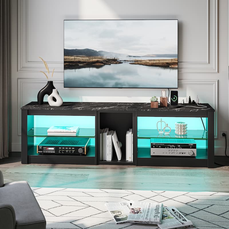 63" TV Stand Gaming Entertainment Center for TVs up to 70" with LED Lights Cabinet and Shelves