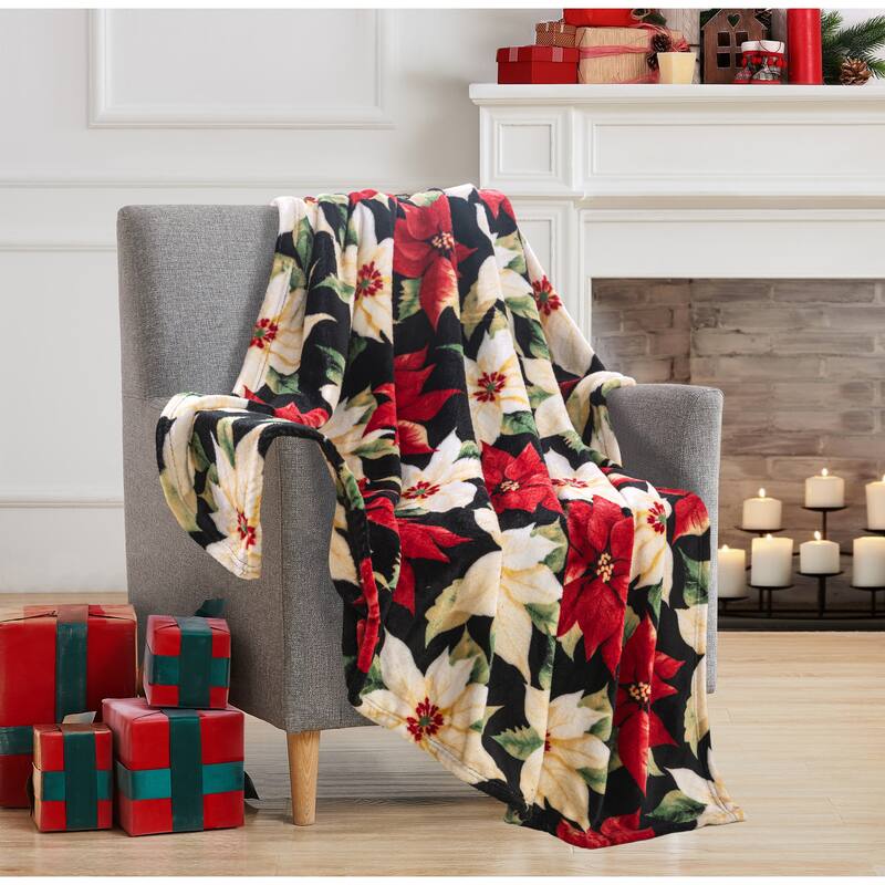 Xmas Poinsettia Greeting 50"x 60" Printed Throw - Black